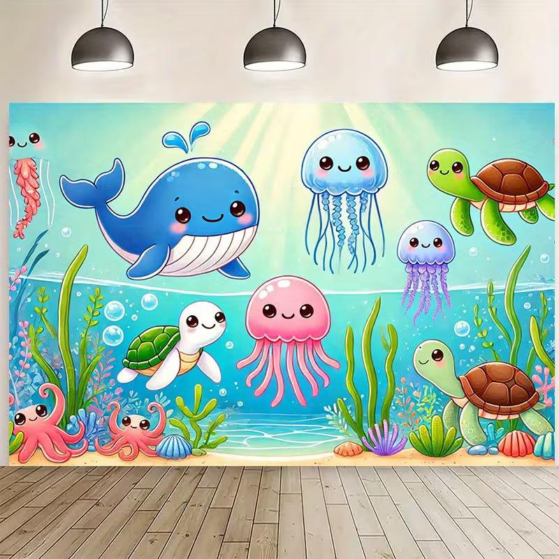 2D Cartoon Ocean Animals Backdrop, Kids Underwater World Party Banner 47.2x31.5inch/120*80cm