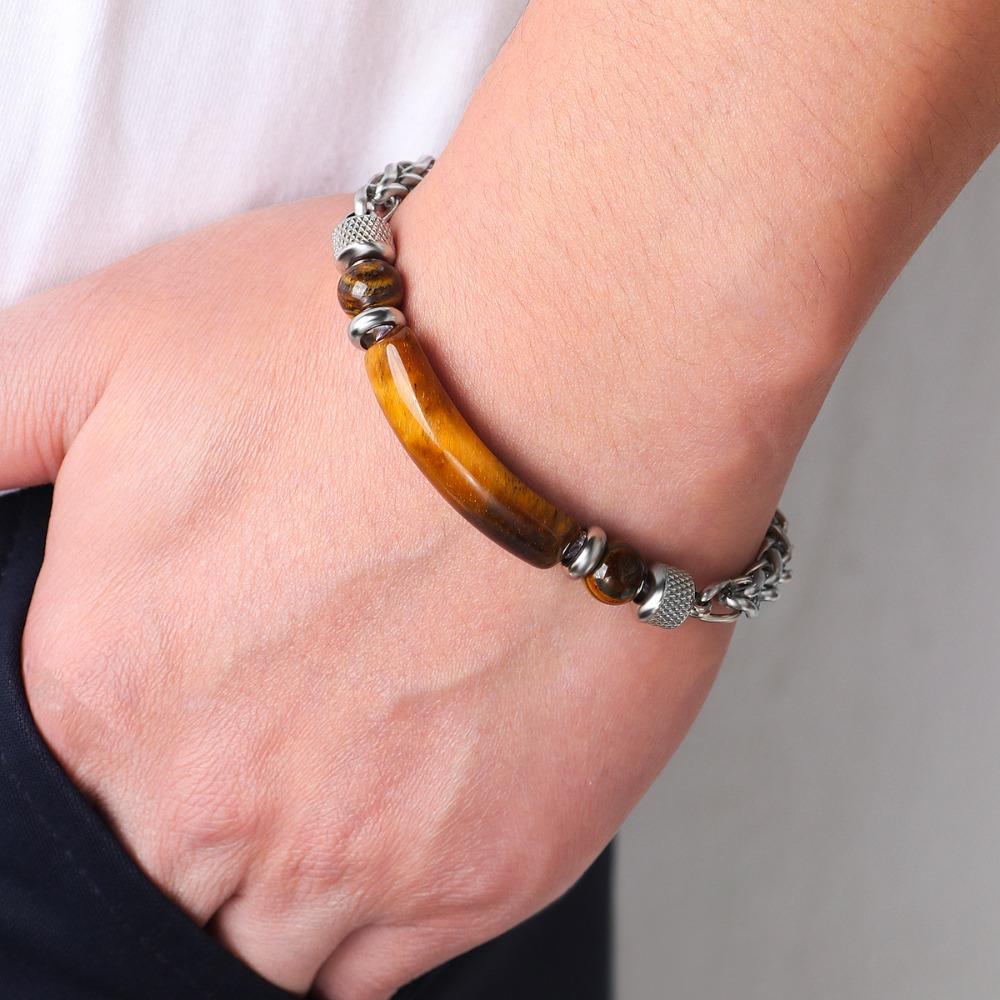 Stainless Steel Cuban Chain Bracelet Men Adjustable Unfading Tiger Eyes Obsidian Stone Bracelets Accessories Gifts