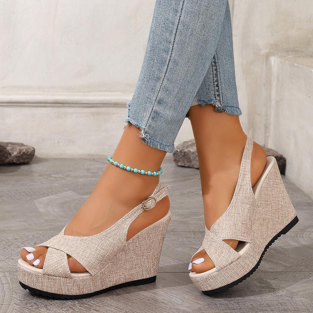 Fashion Platform Wedge Women's Sandals 2025 Summer New Peep Toe Casual High Heels Fashion Buckle Strap Plus Size Ladies Heeled Sandales