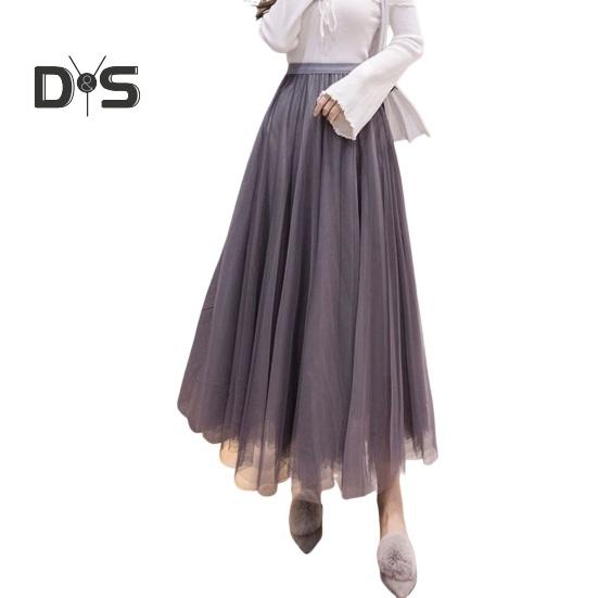 Women Midi Skirt Elastic High Waist Long Skirt with Solid Mesh Hem Solid Color A-Line Skirt Daily Wear