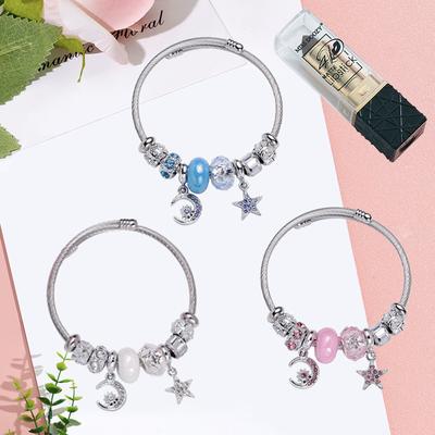 Four Leaf Clover Beaded Bracelet with Moon and Star Pendant Stainless Steel Jewelry for Women