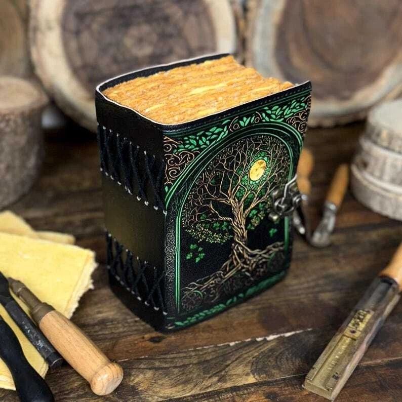 Handmade Green Tree of Life Leather Journal Embossed Vintage Notebook