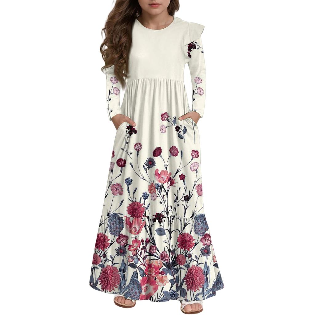 Girls' Tiered Ruffle Dress - Long Sleeve Printed Maxi With Pockets