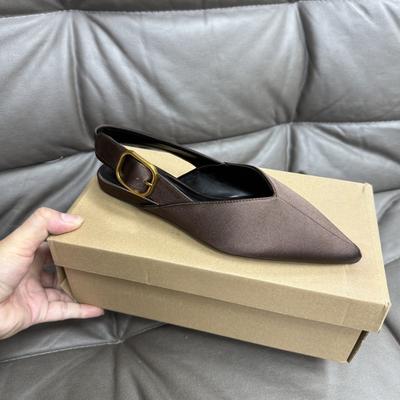 Women Slingback Flats Pointed Toe Low Heel Brown Satin Buckle Strap Slip On Dress Shoes Office Party Casual Comfortable