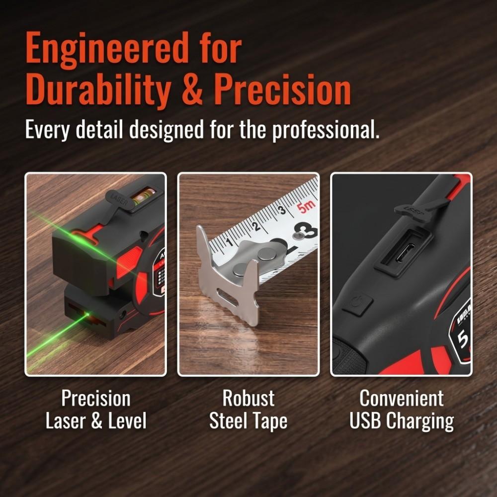 Rechargeable Laser Tape Measure 3-in-1 Laser Rangefinder Measuring Tool Laser Level Construction