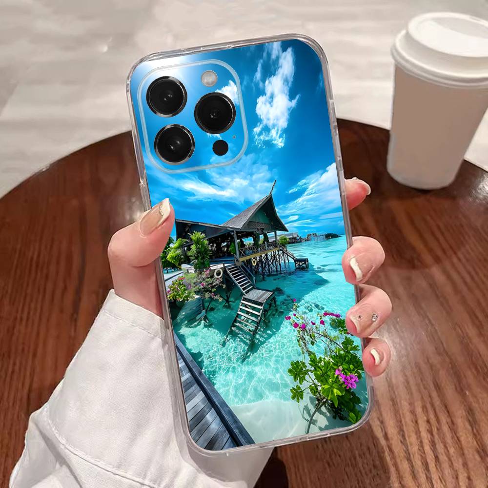 Sea Tropical Palm Trees Beach Phone Case For iPhone 17,16,15,14,13,12,11 Plus,Pro,Max,XR,XS,Plus,E,SE4,Mini Transparent Cover