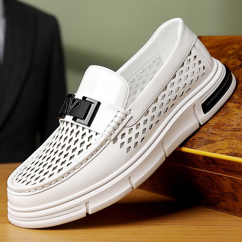2025 Summer New Designer Leather Shoes for Men  Fashion Casual Hallow Loafers Male Solid Color Breathable Luxury Shoes Man
