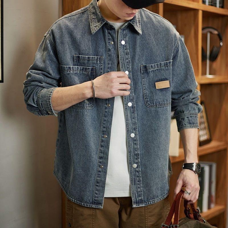 American Vintage Wash Autumn Denim Jackets Cargo Men Lapel Solid Pockets Single Breasted Trend Long Sleeve Loose Cowboy Coats