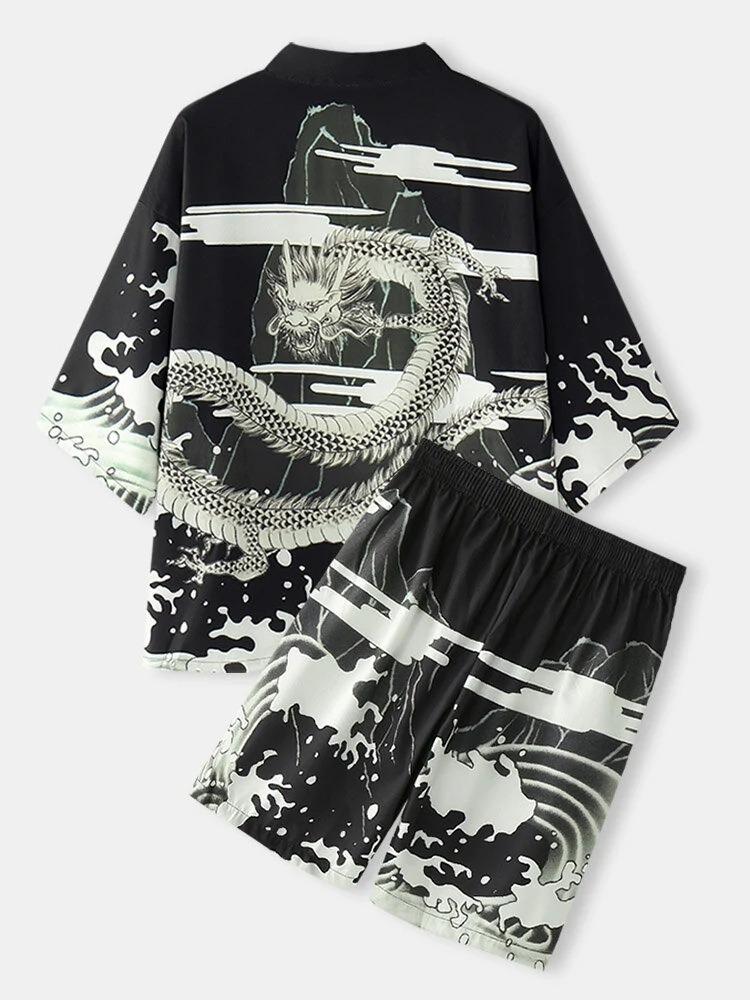 2026 New national style Hawaiian vacation ukiyo-e painted seven-quarter-sleeved Taoist robe 3D printed carp kimono cape