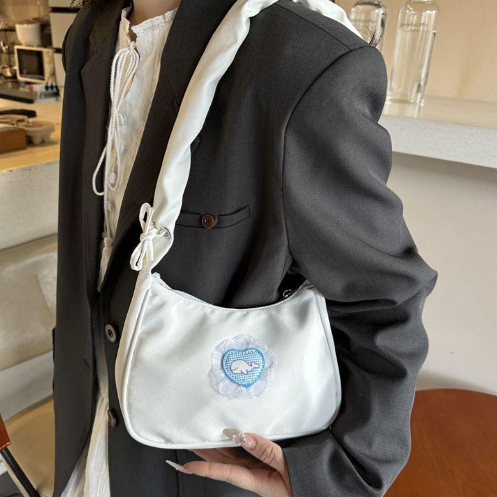 Love Canvas Underarm Bag Bow Hobo Bag Simple Pleated Strap Shoulder Bag  Girls