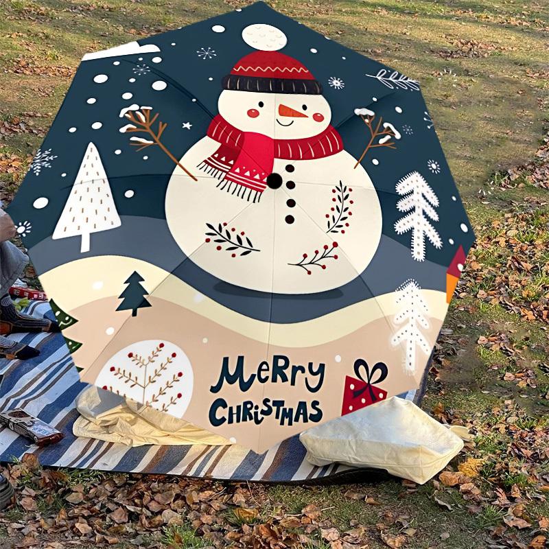 1PC Snowman Merry Christmas Automatic Open/Close Umbrella with Windproof, 8-Rib Sturdy Canopy, Durable Ribs, Fashionable Design,1261