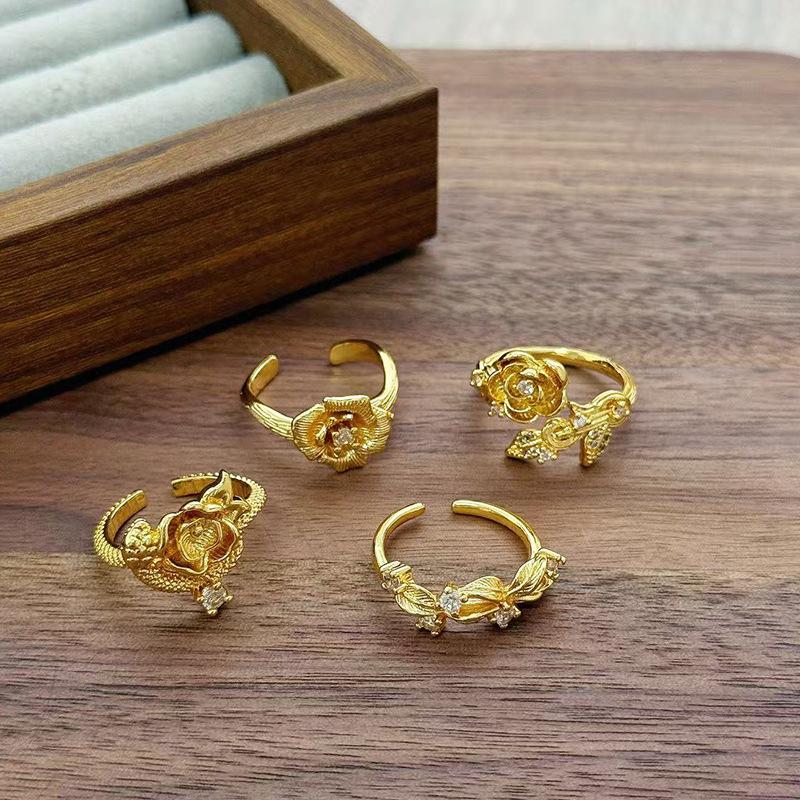 Medieval Vintage French Light Luxury Three-Dimensional Flower Opening Ring Retro Spiral Lotus High-End Ring