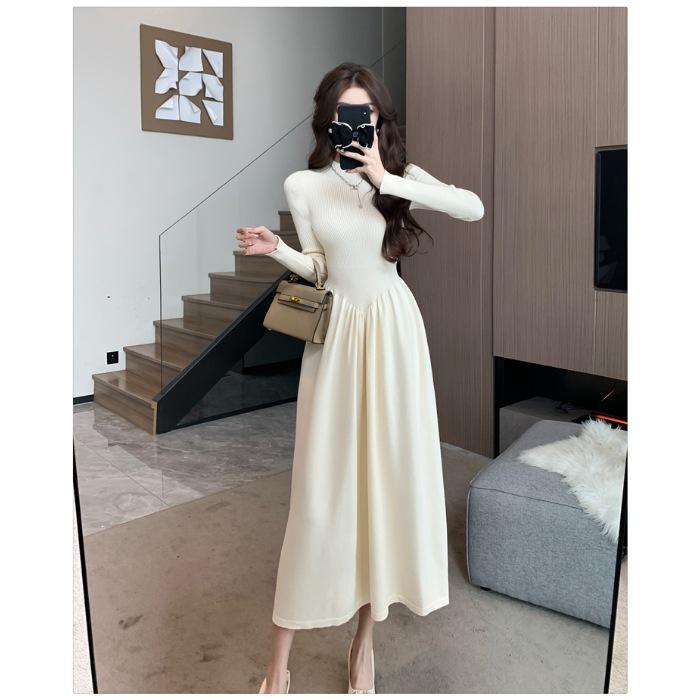 French New Semi-turtleneck Long-sleeved Knitted Dress Is Hot In Autumn and Winter, Waist and Thin, Versatile and Age-reducing A-shaped Skirt