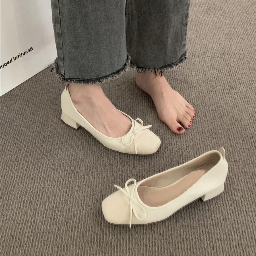 With skirt high heels single shoes flat shoes evening gentle commute bow autumn French women's shoes