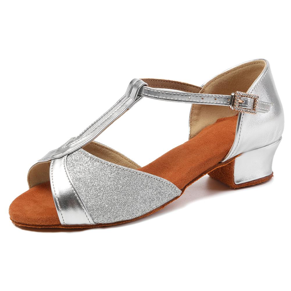 

Танцевальная обувь для детей/взрослых девочек женщин для латиноамериканских танцев, танго, сальсы, бальных танцев, низкий каблук 3,5 см, мягкая подошва 31 серебряный