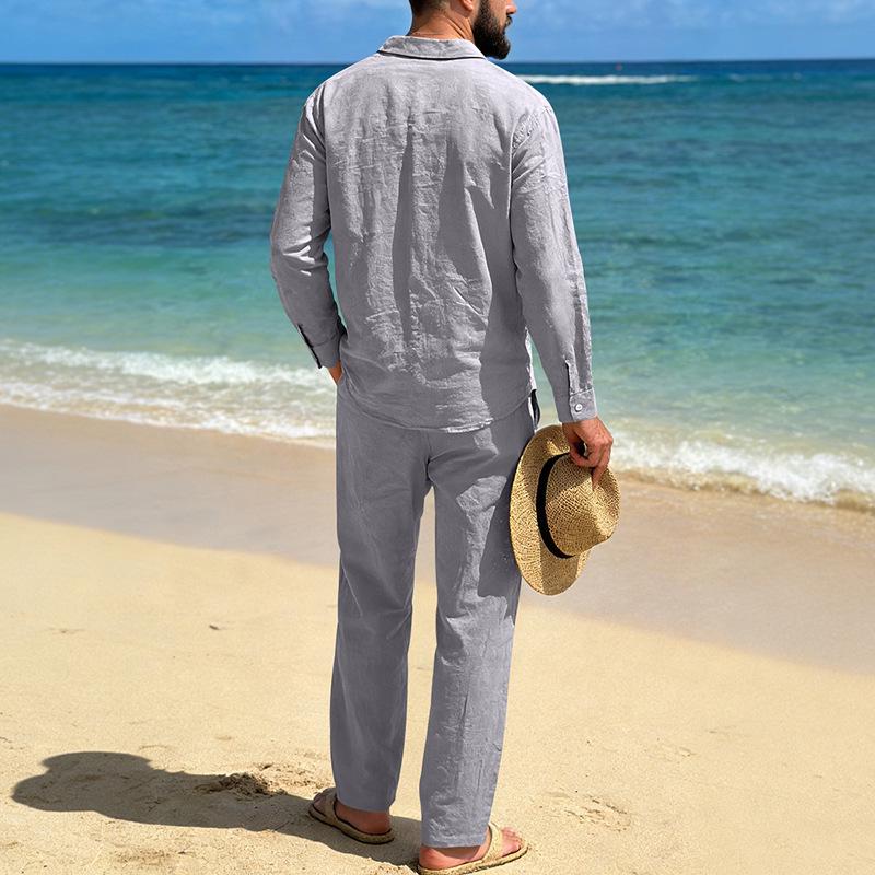 Men's Linen Long-Sleeve Lapel Shirt & Straight-Leg Pants Set for Casual Spring/Autumn Beachwear