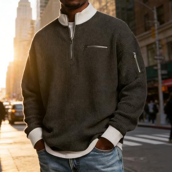 Men Waffle Sweatshirt Quarter Zip Stand Collar Casual Pullover Color Block Long Sleeve Top for Office Street Gym Wear