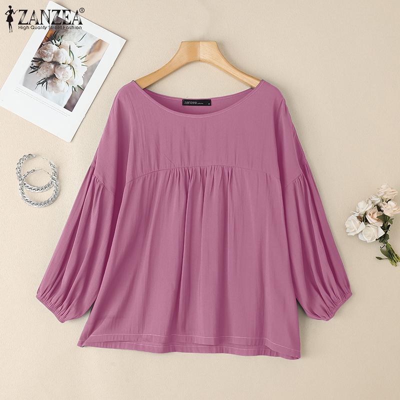 ZANZEA Damen Lässig Rundhals Locker Langarm Überwurf Bluse