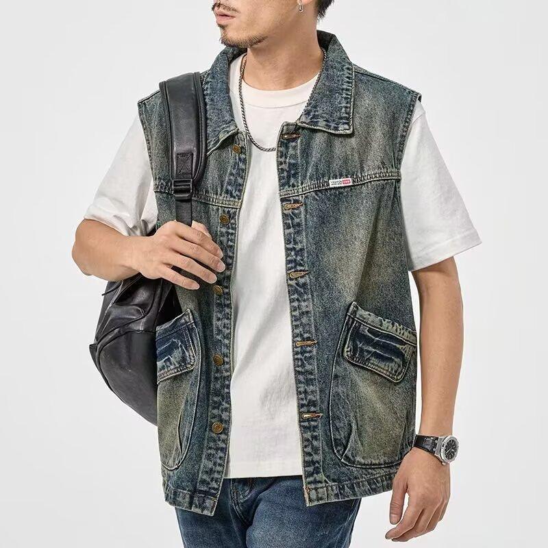Mens Retro Denim Vest Loose Large Size Sleeveless Casual Work Jacket Vest M