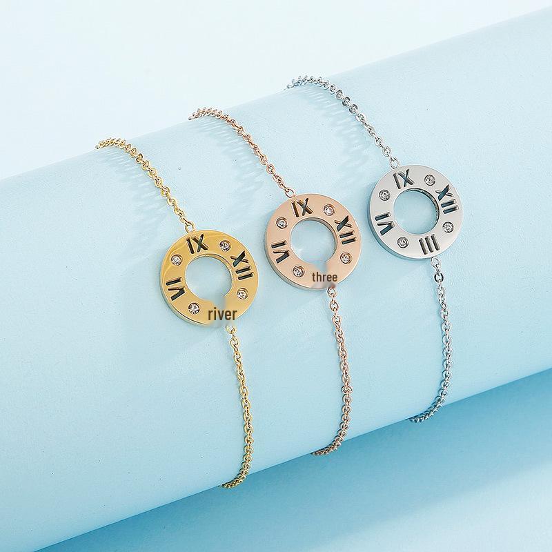 

Minimalist Japanese & Korean Stainless Steel Roman Numeral Bracelet with Diamonds