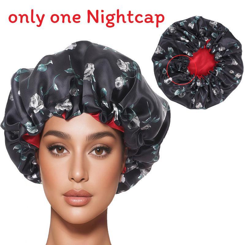 Doublesided Satin Sleep Hat With Adjustable Fit And Plant Print For Cold Seasons And Lounge Black Red