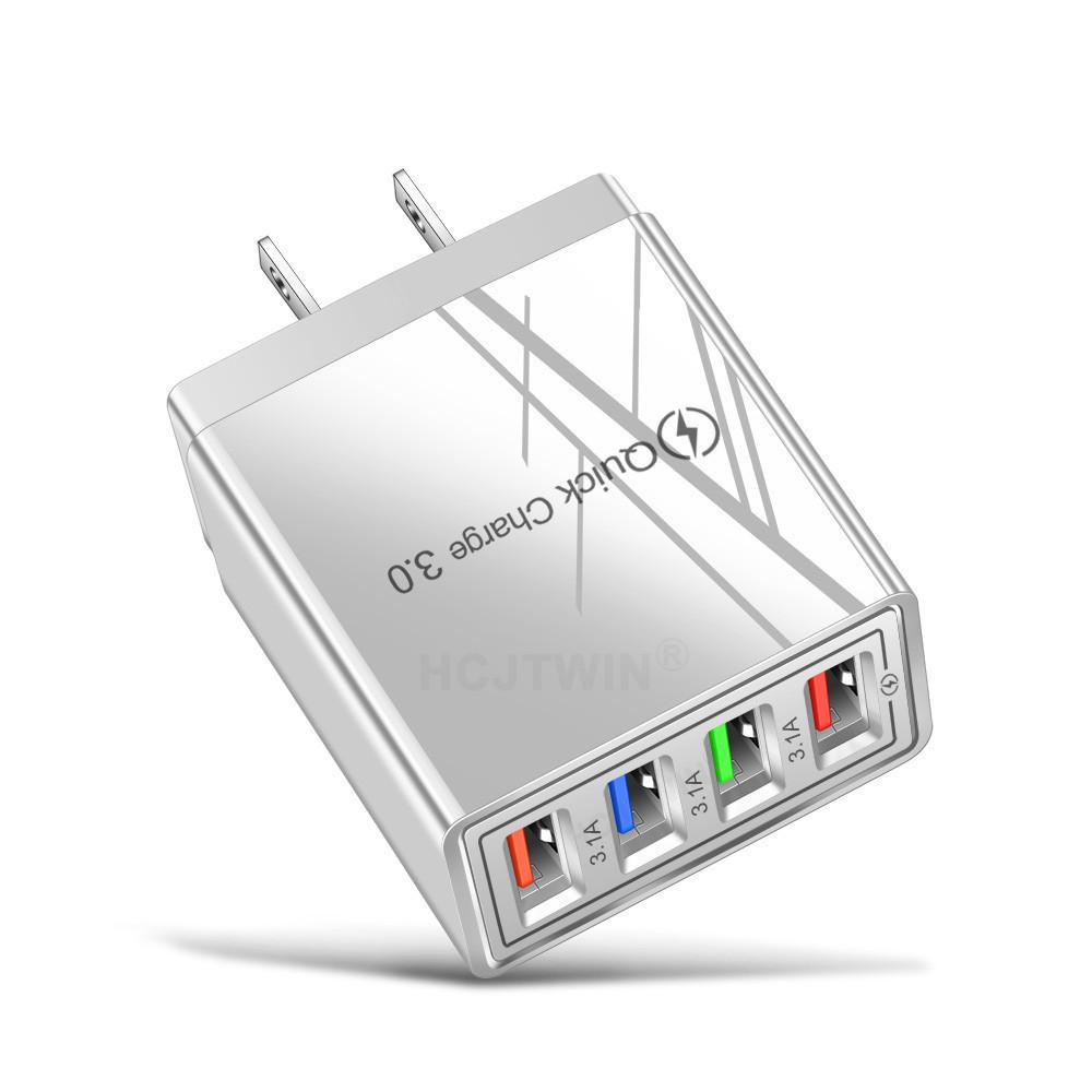 4-Port USB Mobile Charger 3A with LED Light for EU/US Specs, Compatible with Tablets & Phones