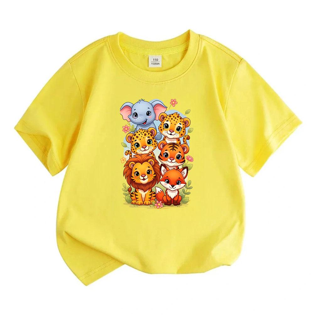 Cute Safari Animal Cartoon Print Kids T Shirt, 100% Cotton Short Sleeve O-neck Casual Tees for Boys Girls, Elephant Leopard Lion Fox Pattern Soft Comf