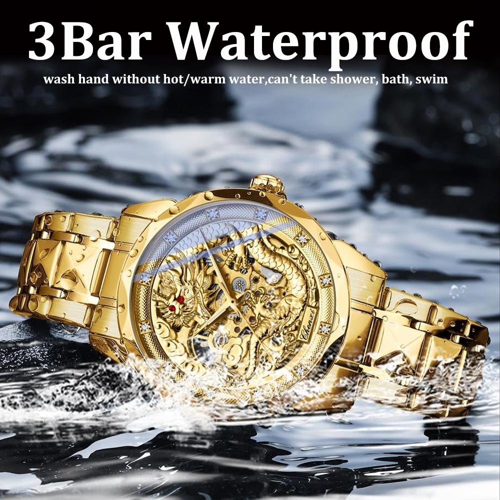 Gold 3D Dragon Dial Watches for Men Luxury Automatic Mechanical Watch Stainless Steel Strap Hollow-carved Wristwatches
