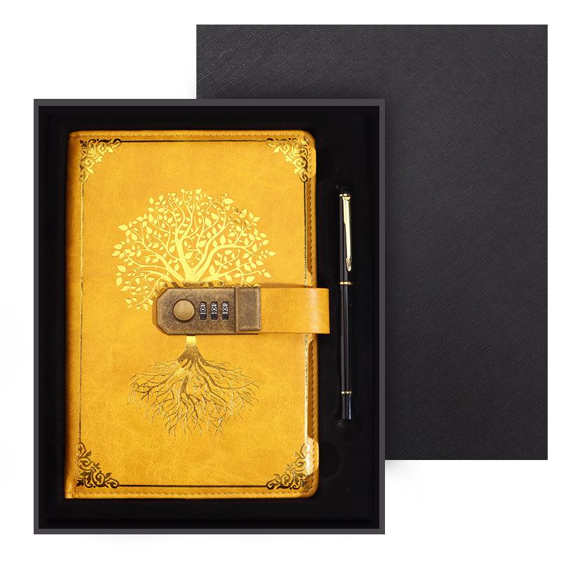 Zestaw notesu A5 w stylu retro z hasłem w pudełku prezentowym: Dziennik spotkań biznesowych z możliwością personalizacji logo.