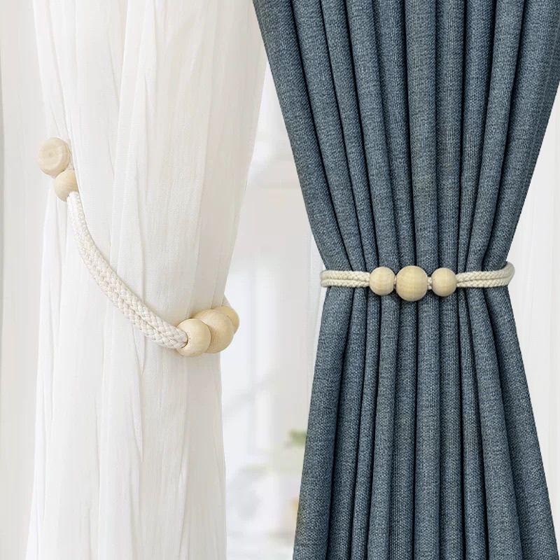 O Pereche de Curele Noi cu Cataramă Magnetică din Mărgele de Lemn pentru Perdele din Bumbac, Gaze, cu Absorbție Magnetică