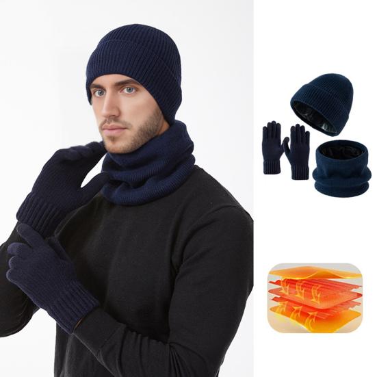 3Pcs/Set Winter Hat Scarf Gloves Set Solid Color Windproof Brimless Hat Neck Warmer Touch Screen Gloves Set