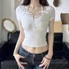 Halter Neck Lace Trim Bow Cute Black Y2K T-Shirt Women Button Up Slim Short Sleeve White Tees Sweet Balletcore Clothing