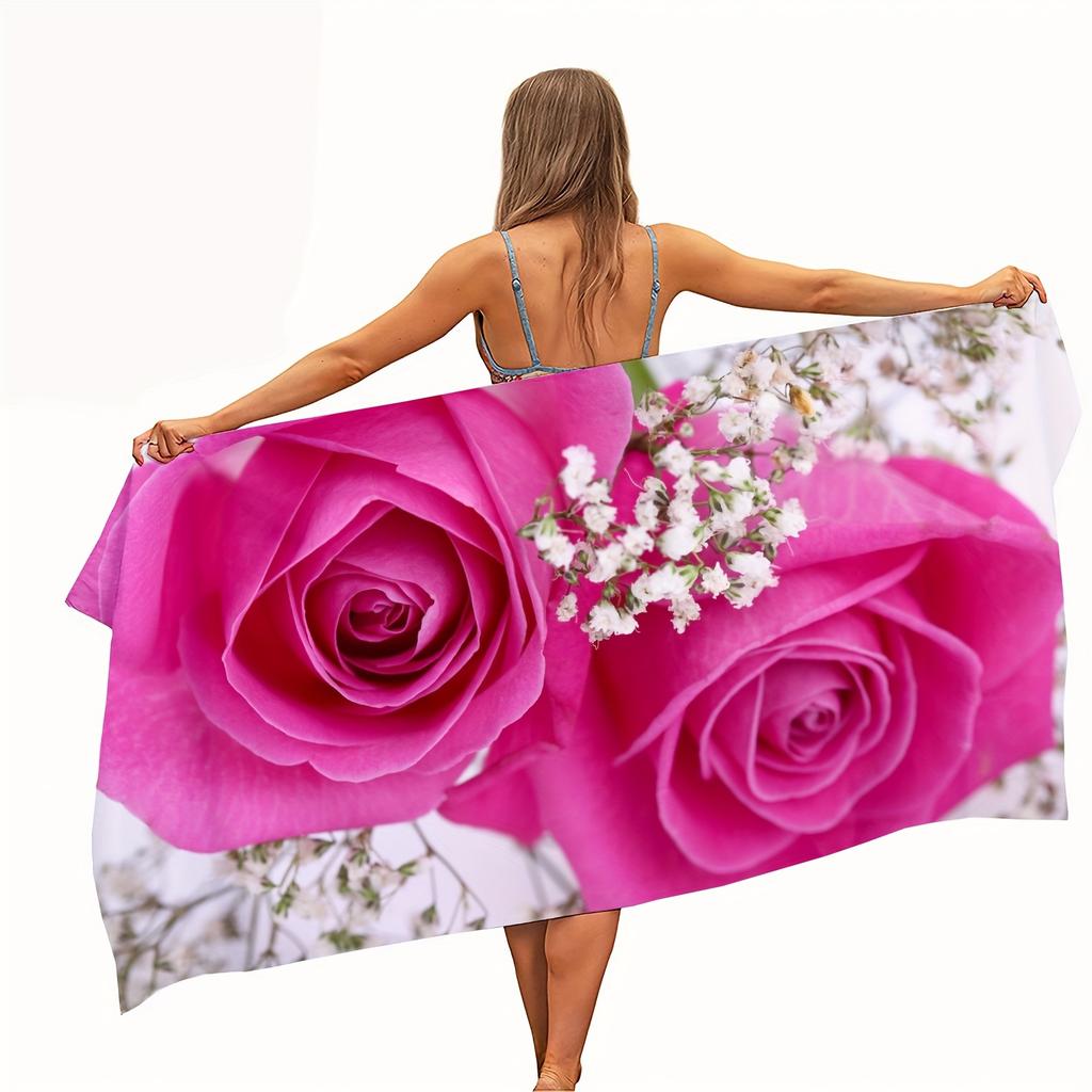 1Tropical Floral Pink Rose Pattern Bath Towel, Polyester Fabric, Machine Washable, Suitable For The Beach, Pool, Camping And Gym