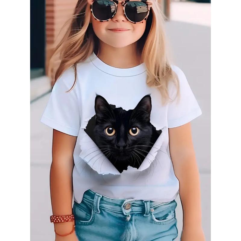 Tricou de vară cu mânecă scurtă pentru copii, fete, gât rotund, nou, cu imprimeu pisică, la modă, casual, versatil, topuri