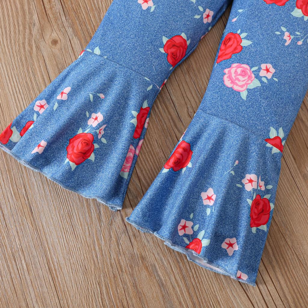 Kids Girls Fashion Clothing Set Spring Autumn Tie Dye Printed Cartoon Pegasus Pullover Flower Flared Pants Two Piece Outfit