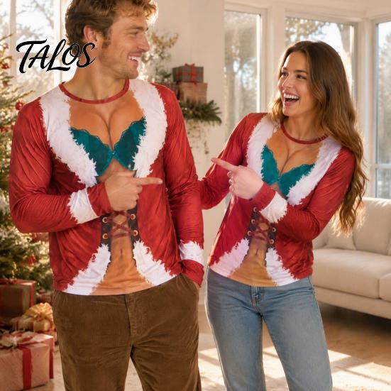 Creative Party Clothes Funny Christmas Shirt, Hilarious 3D Fake Corset Chest Print Crew Neck Shirt Pullover Top, Novelty Long Sleeve Festival Costume