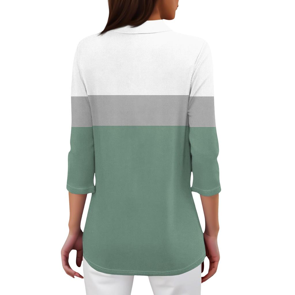 Dámské módní ležérní tričko s klopou a pruhovaným patchworkovým potiskem, top se sedmíčtvrtečním rukávem