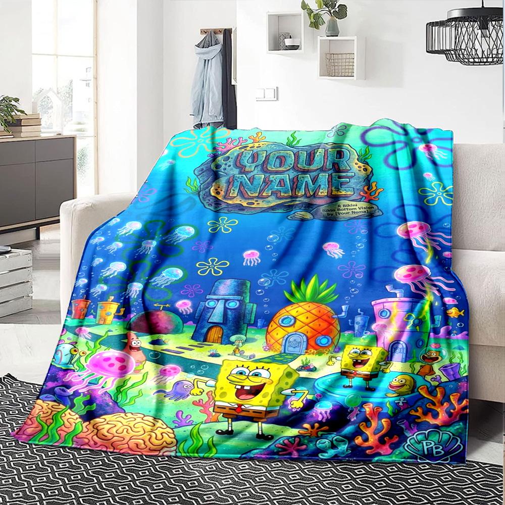 Name Custom SquarePants Print Flannel Blanket High Quality Warm Comfortable Cover for All Seasons Perfect for Gifts Home Decor