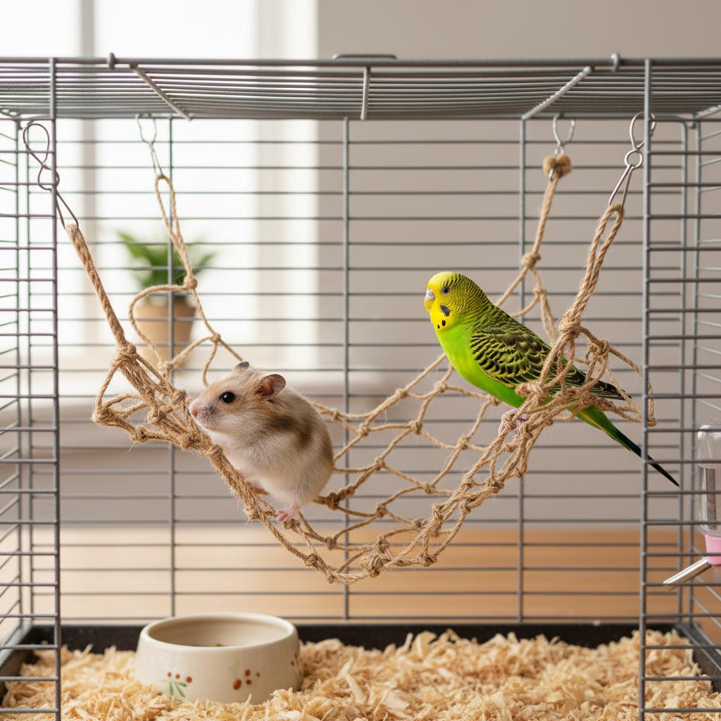 Hemp Rope Climbing Net for Pet Birds and Hamsters with 4 Alloy Hooks, Non-Slip Durable Cage Accessory as Hanging Bed or Swing