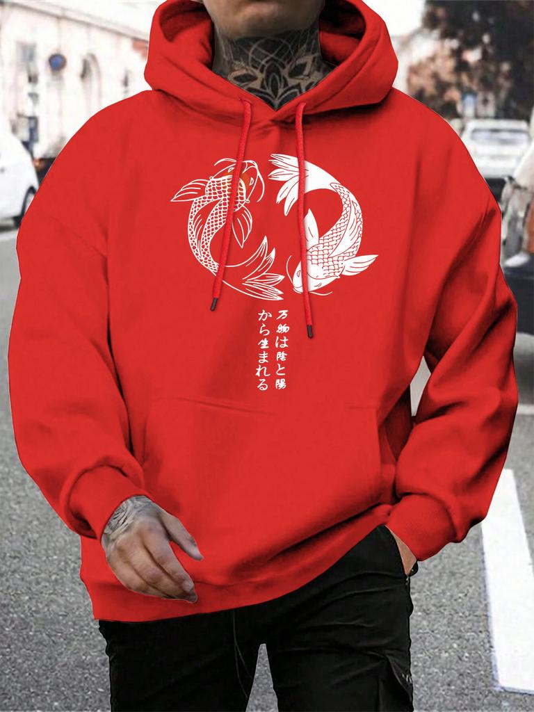 Japanese Koi Harajuku Illustration Printed Men Hoody Pocket Loose Sportswears Fashion Hip Hop Hoodies Autumn Male Clothes