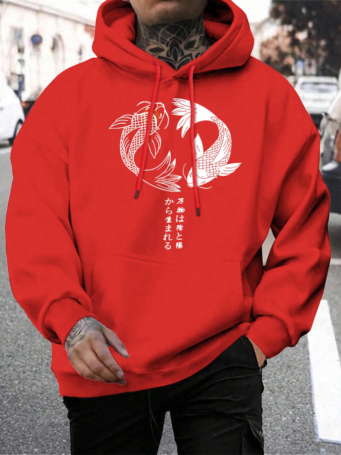 

Japanese Koi Harajuku Illustration Printed Men Hoody Pocket Loose Sportswears Fashion Hip Hop Hoodies Autumn Male Clothes S