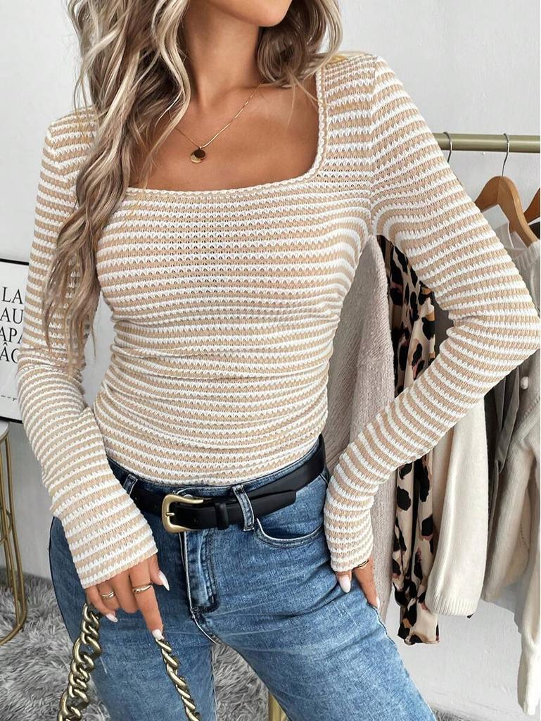 Real European and American 2025 new women's T-shirt square neck pullover slim-fitting knitted long-sleeved bottoming shirt