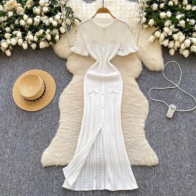 Simple Knitted Dress for Women's Summer Single-breasted Hollowed-out Slimming and Shaping Dress