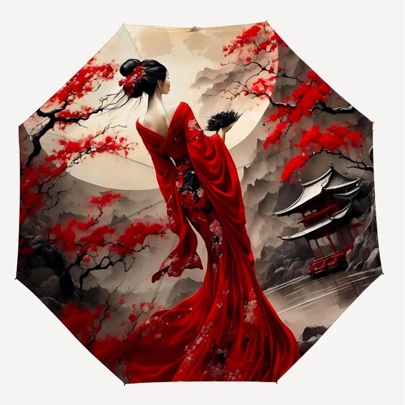 1PC Cherry Blossom Traditional Umbrella-8-Rib Reinforced, Automatic Open, Lightweight & Durable, Cute Fashion Accessory for Outdoor-W191