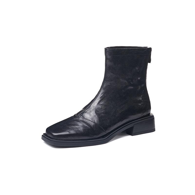 Women's Boots  New Leather Boots Square Head Short Boot Women's Autumn and Winter Retro Pleated Rear Zipper Thin Boot Women