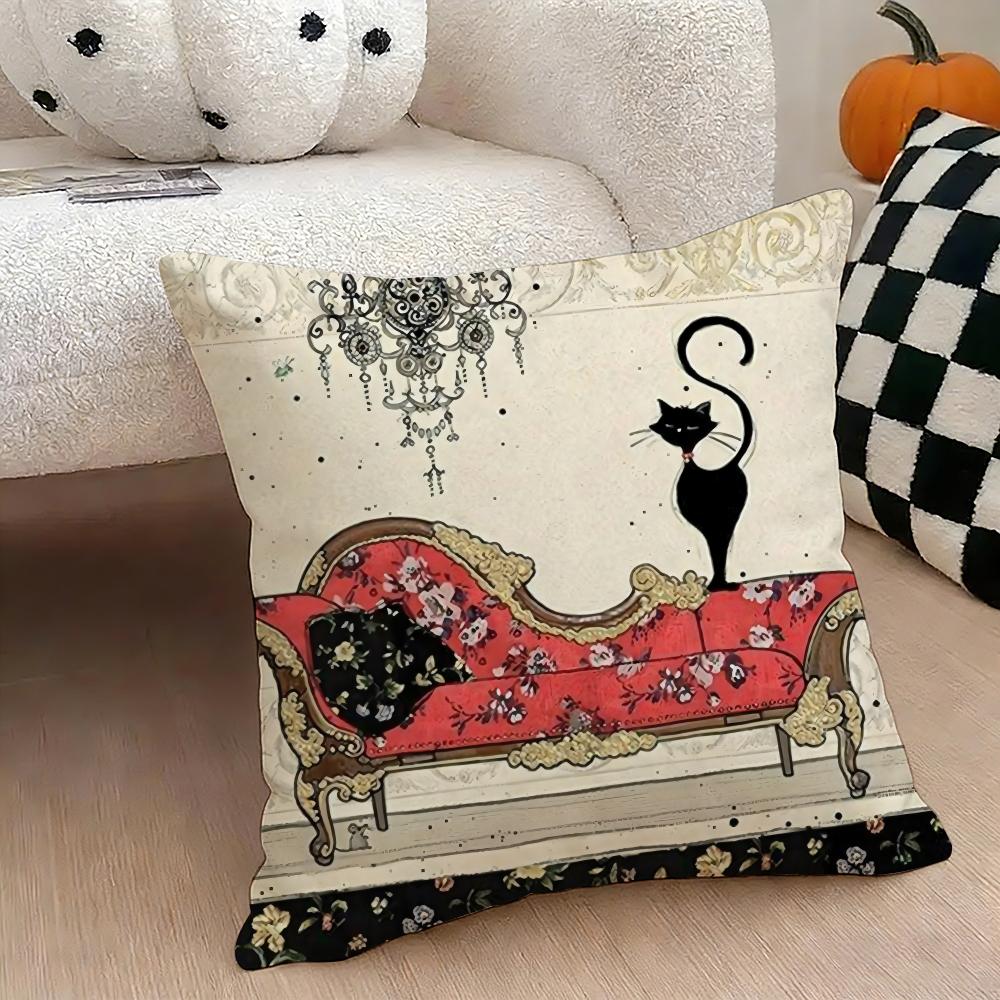 Cartoon little black cat cute Cushion Cover Natural Linen Double Sided Print Throw Pillow Case for Sofa Couch Home Decor