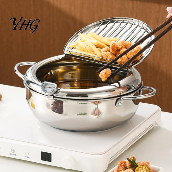 Portable Outdoor Camping Fryer Stainless Steel Stovetop Deep Pot with Thermometer, 2.2/3.2L Multifunctional Non Stick Tempura Frying Easy Clean