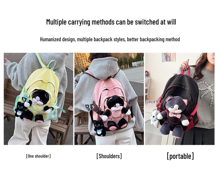 Cute Kitten Color-Block Cartoon Plush Schoolbag - Large Capacity Backpack for Female College Students