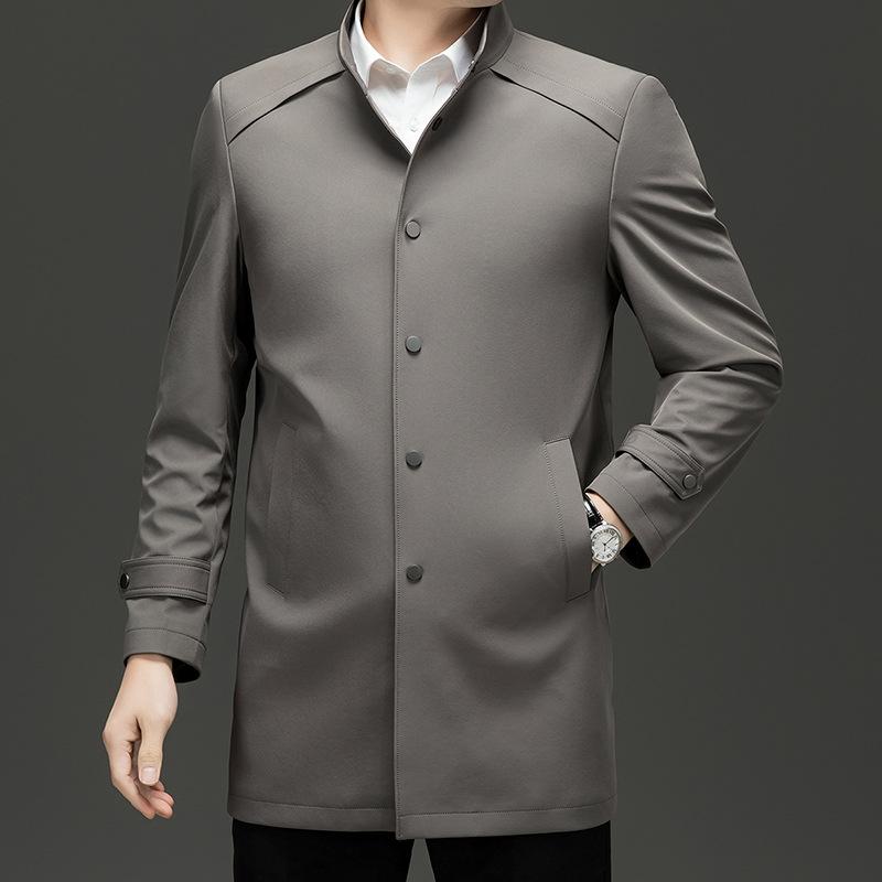 Spring and Autumn New Business Leisure Medium and Long Single-breasted Stand-up Collar Solid Color Loose Coat