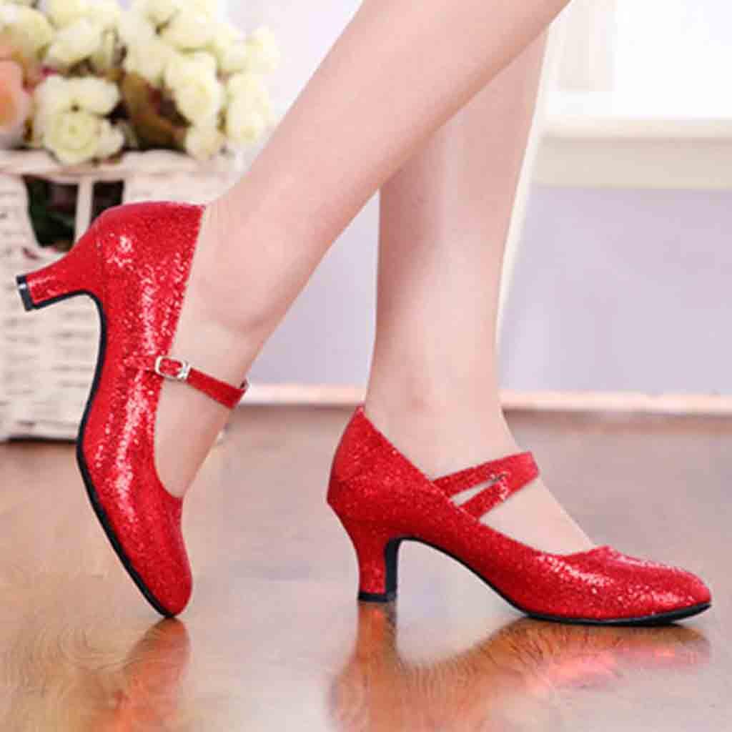 Lazzboy Dance Shoes Mid-High Heel Glitter Sparkly Sequin Women Ladies Buckle Ballroom Latin Tango Rumba
